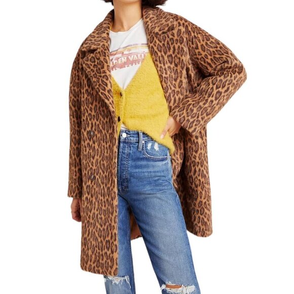 New Anthropologie See U Soon Henrietta Leopard Faux Fur Double Breasted Coat S - Picture 16 of 16